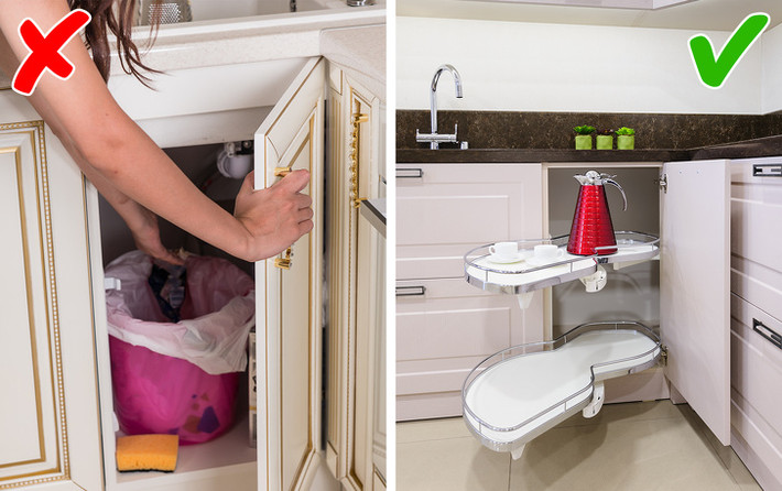 Góc trống bố trí không hợp lý. Tận dụng các góc trống là việc làm cần thiết với nhà bếp chật. Các khay xoay có thể dễ dàng thay thế cho những ngăn kéo vô dụng. Kệ góc cũng là giải pháp tuyệt vời.