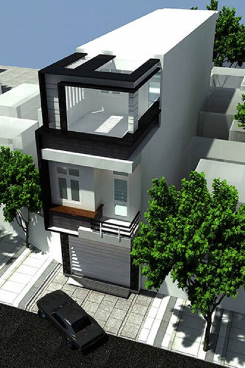 Nhà ống mái bằng thể hiện sự kết hợp màu sắc độc đáo nhờ khung gỗ lớn đua ra ngoài cửa sổ. Ảnh: Kientrucsuvietnam.