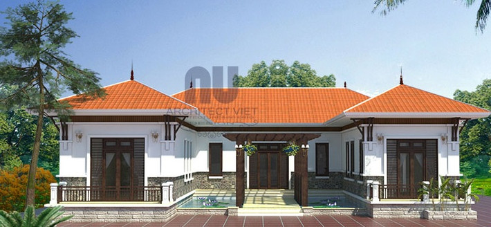 Mẫu nhà cấp 4 chữ U 4 phòng ngủ sử dụng tông màu trắng cho kiến trúc ngoại thất. Mái ngói đỏ tươi vừa giữ nét truyền thống vừa thể hiện được tính hiện đại. Ảnh: Arcviet.