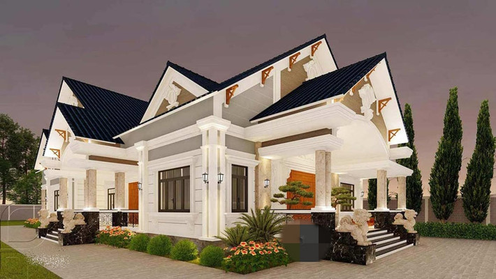 Nhà cấp 4 mái Nhật tân cổ điển là sự kết hợp giữa nét đẹp sang trọng, thanh lịch của kiến trúc cổ điển và cách tân mới mẻ. Tuy nhiên, thiết kế này có chi phí cao hơn so với những công trình thông thường khác bởi sự đầu tư tỉ mỉ từ họa tiết hoa văn, đến trụ cột. Ảnh: Neohouse