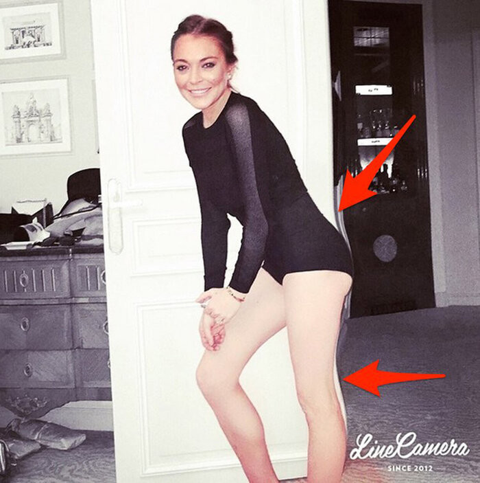 Lỗi photoshop quá lố khiến sao nổi tiếng Lindsay Lohan ngượng đỏ mặt. Do chỉnh sửa quá đà để có thân hình nuột, cô khiến cảnh cửa ở đằng sau bị méo mó đến khó hiểu.