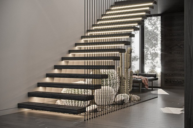 Cầu thang gỗ kết hợp dây cáp và ánh đền đậm chất nghệ thuật. Ảnh: Homedit.