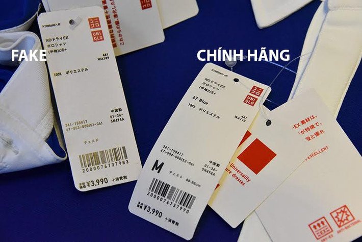 Sản phẩm quần áo hàng hiệu chính hàng hiệu đều có mã code, mã vạch riêng được gắn trên tem mác. Các điểm trên ở hàng fake cũng có nhưng các mã số và serie thường bỏ trống, hoặc không theo số hiệu model. Ảnh: Sapo.
