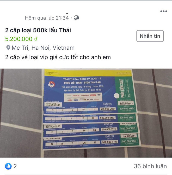 Anh Long (chuyên bán vé bóng đá) cho biết: "Hiện, vé trận Việt Nam - Thái Lan còn chưa được rao bán nhiều bởi nhiều còn găm vé". Ảnh: FB