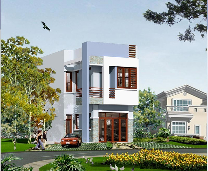 Mẫu nhà phố 2 tầng 5x16m 80m2 thiết kế mái bằng. Một phần mái được lợp bằng tôn trong lấy ánh sáng cho tầng 2. Ảnh: Thietkethicongnhadep.