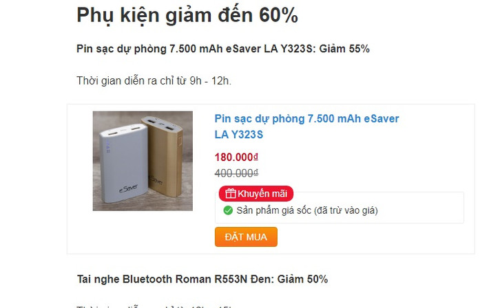 Trên một website siêu thị điện máy, phục kiện điện thoại được giảm đến 60%. Ảnh chụp màn hình.