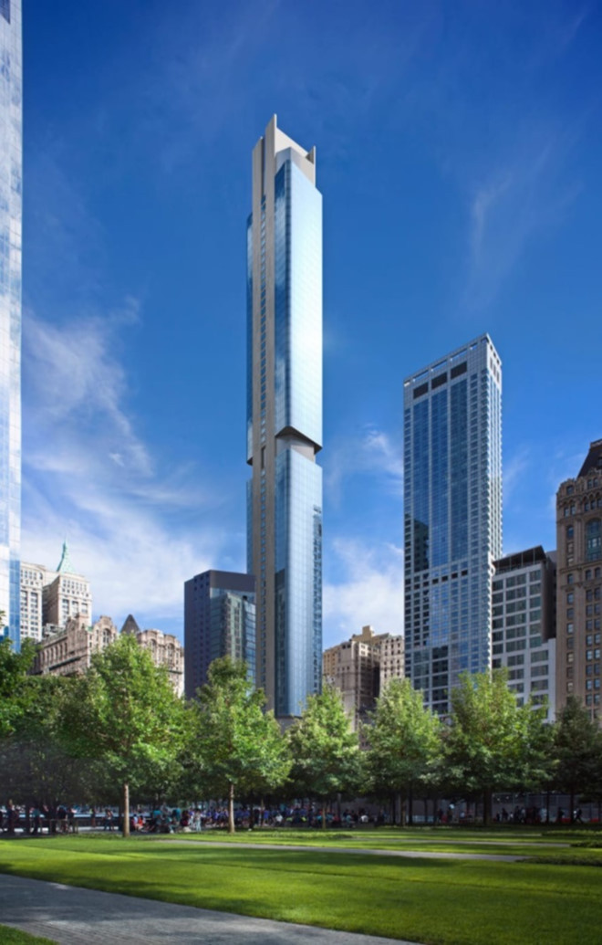 Tòa nhà số 125 Greenwich Street (New York) dự kiến hoàn thành vào năm 2019, cao 278 m, gấp 14 lần bề ngang của tòa nhà. Ảnh: CNN.