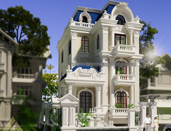 Căn biệt thự cổ điển hoành tráng nổi bật với từng hoa văn tinh xảo, các chi tiết phào chỉ được đắp cầu kỳ tỉ mỉ. Ảnh: Kientrucadong.