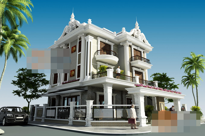 Biệt thự cổ điển 3 tầng bề thế với tông màu trắng xám hiện đại. Ảnh: Kientaoviet.