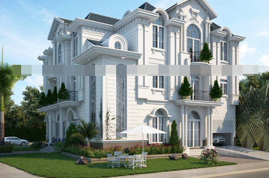 Tông màu trắng nền nã kết hợp kiến trúc cổ điển đơn giản và tinh tế tạo nên sự khác biệt và sang trọng của căn biệt thự. Ảnh: Houseland.