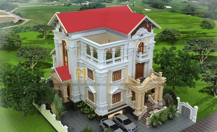 Ngôi biệt thự 3 tầng cổ điển nổi bật với các chi tiết hoa văn cầu kỳ. Ảnh: Nhadepdonga.