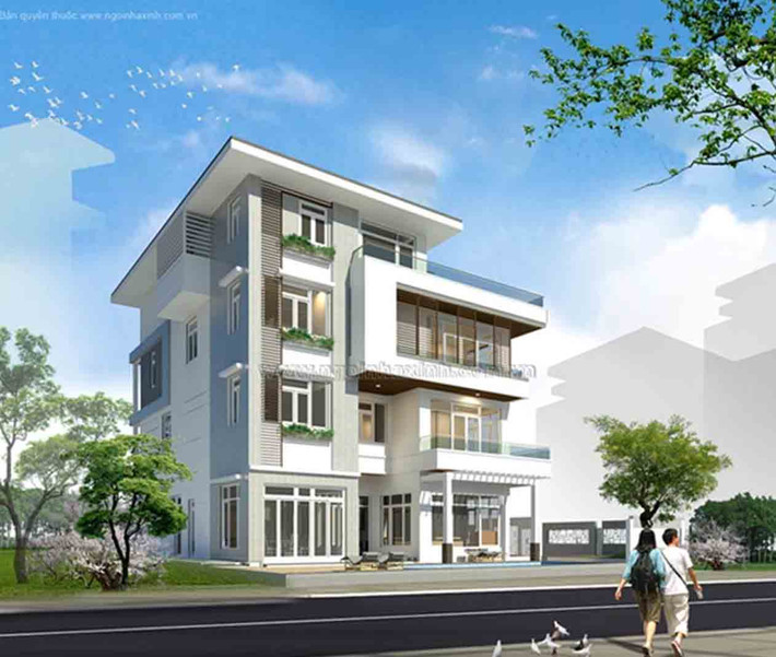 Ngôi nhà nổi bật với những mảng khối vững chắc, khỏe khoắn. Cách vươn ban công kính ra ngoài tạo cho khối công trình thêm phong cách. Ảnh: Ngoinhaxinh.