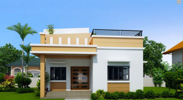 Biệt thự mái bằng 2 tầng với tông màu chủ đạo là cam kết hợp trắng. Hệ thống cửa nhôm kính tạo nét sang trọng cho ngôi nhà. Ảnh: Thietkethicongnhadep.