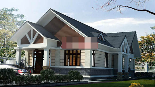 Nhà cấp 4 mái thái nổi bật với màu trầm đơn giản. Cửa kính viền gỗ tạo điểm sáng cho ngoại thất và hứng sáng cho nội thất. Ảnh: Angcovat.