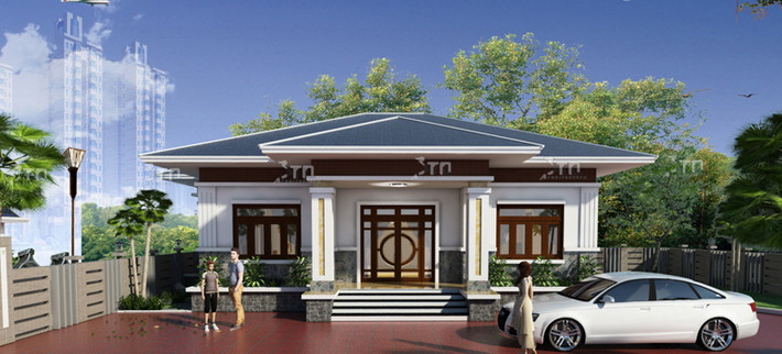 Nhà cấp 4 nhỏ nhưng sang trọng với sân gạch rộng rãi và tường rào màu nâu đẹp mắt. Ảnh: Printest.