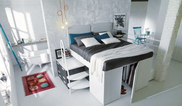 Với phòng ngủ, bạn có thể chọn gường và tủ âm phía dưới chứa quần áo, giúp tiết kiệm không gian. Ảnh: Thietkenoithatcanho.