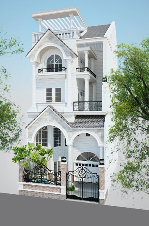 Thiết kế nhà phố phong cách cổ điển gồm 3 tầng, 1 tầng lửng duyên dáng và sang trọng. Ảnh: Anthuanphuoc.