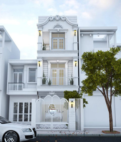 Nhà phố cổ điển được thiết kế 3 tầng với các chi tiết trang trí không quá nặng nề và phức tạp. Ảnh: Thietkethicongnhadep.