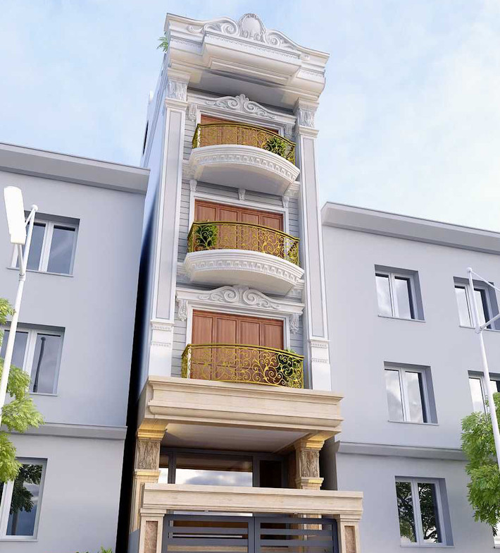Thiết kế nhà phố cổ điển, sang trọng mang lại cho gia chủ những hiệu ứng đầy sáng tạo, mới mẻ về hình thức. Khối nhà uy nghi kiềm diễm tạo dấu ấn riêng cho công trình. Ảnh: Kientructhegioi.