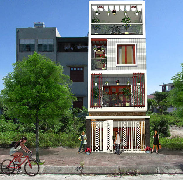 Mặt tiền ngôi nhà là những tông màu trắng, điểm thêm gam màu nâu của gỗ và vàng của đá thể hiện phong cách trẻ trung của chủ nhà. Ảnh: Ktshanoi.