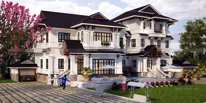 Kiến trúc bên ngoài bề thế, đồ sộ cùng hệ thống trụ cột vững chắc tạo sức lôi cuốn mạnh mẽ cho căn biệt thự. Ảnh: Shac.