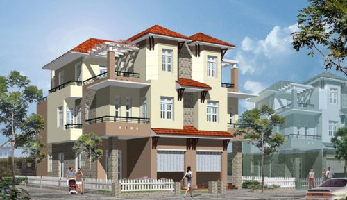 Biệt thự song lập 3 tầng mái thái có sân vườn phía trước và phía sau. Mặt tiền được chia làm 2 phần, một bên là cửa chính đi vào và một bên là gara xe. Ảnh: Thietkethicongnhadep.