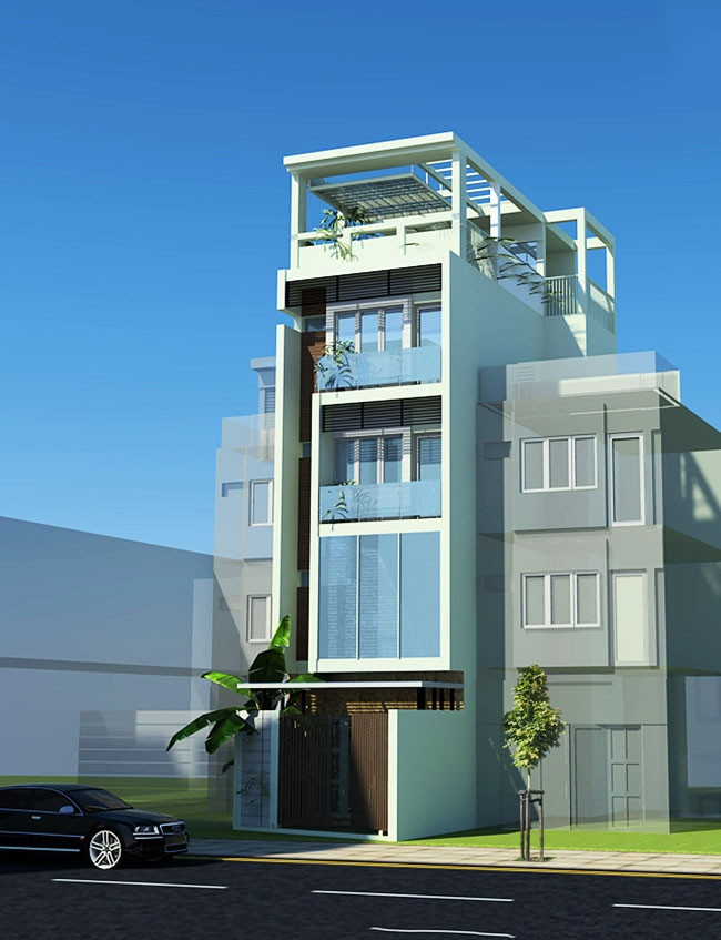 Ngôi nhà được trang trí hiện đại thông thoáng có gara ô tô, phòng cách có hồ cá lớn. Tông màu xanh ngọc làm chủ đạo nhưng không quá đơn độc. Ảnh: Ktshanoi.