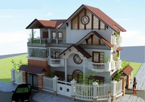 Biệt thự 3 tầng mái thái đẹp hiện đại với điểm nhấn là tông màu trắng chủ đạo, màu đỏ của ngói và màu cam của cột cổng. Ảnh: Thietkethicongnhadep.