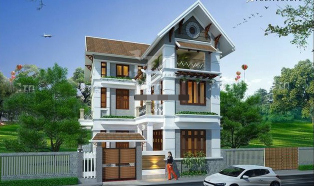 Biệt thự mini 3 tầng được thiết kế hình chữ L có sân trước rộng. Ảnh: Thietkenhadepmoi.