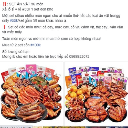 Trên chợ mạng, set 36 món ăn vặt nội địa Trung Quốc (gồm 36 gói với khoảng 19 món ăn khác nhau, được chia thành từng phần nhỏ) được bán với giá khoảng 65.000 – 100.000 đồng/set tùy loại.