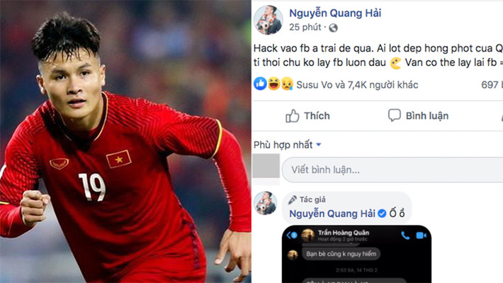 Mới đây, cộng đồng mạng đặc biệt quan tâm tới thông tin facebook Quang Hải bị hacker xâm nhập. Người này đăng những tin nhắn của Quang Hải và một người anh thân thiết lên mạng xã hội.