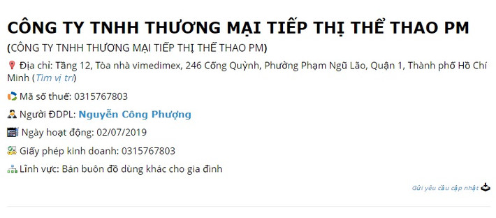 Bên cạnh đó, Công Phượng còn là người đại diện pháp luật cho Công ty TNHH thương mại tiếp thị thể thao PM. Ảnh chụp màn hình.