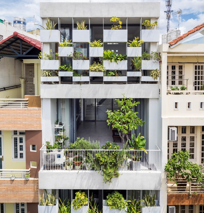 Nằm trên khu đất rộng 37m2 (ở TP HCM), ngôi nhà đối diện trực tiếp với ánh nắng mặt trời phía Tây, bao quanh là đất khô cằn, thiếu cây xanh đô thị.