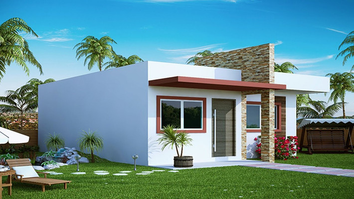 Nhà cấp 4 mái bằng nổi bật với thiết kế tối giản. Nước sơn trắng tinh khôi kết hợp màu đỏ sẫm viền cửa sổ tạo điểm nhấn cho ngôi nhà. Ảnh: Internet