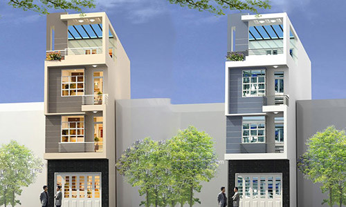 Kiến trúc nhà ống đơn giản với màu sắc nhẹ nhàng và cửa kính ở các tầng. Ảnh: Thietkethicongnhadep.