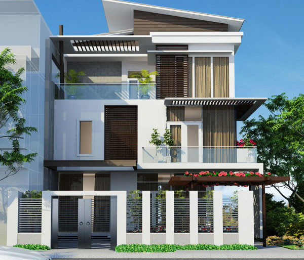 Biệt thự 3 tầng mái lệch thiết kế theo phong cách hiện đại, sử dụng nhiều vật liệu cao cấp như nhựa giả gỗ ngoài trời, gạch ốp lát inax trang trí mặt tiền. Ảnh: Vtkong.
