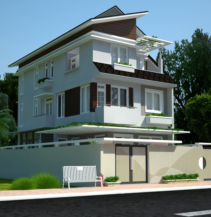 Công trình ấn tượng với gam màu trắng sáng, mái hiên xuôi phong cách tân cổ điển. Ảnh: Bietthunhapho.