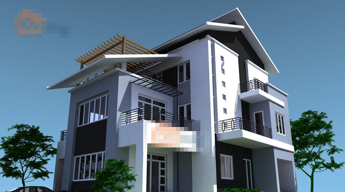Kiến trúc ngôi nhà 3 tầng mái lệch có phần lạ lẫm với xung quanh nhưng là một công trình đẹp mắt và hiện đại, tránh nắng và thông gió tốt. Ảnh: Kientaoviet.