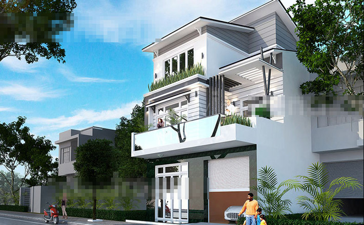 Ngôi nhà 3 tầng lấy điểm nhấn là mái lệch, hình khối kiến trúc kết hợp khéo léo những mảng màu trắng, lam...nhẹ nhàng. Ảnh: Vinatrends.