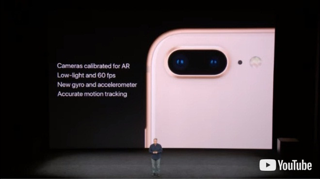 Camera mới trên iPhone 8 Plus tối ưu thêm khả năng chụp xóa phông với độ mở f/1.8 ở camera góc rộng và f/2.8 với camera góc hẹp. Cả hai camera trên bộ đôi đều hỗ trợ chống rung quang học. Ảnh: Youtube.
