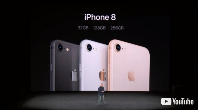 iPhone 8 có 3 màu: bạc, xám và màu mới pha trộn giữa vàng và hồng vàng. Ảnh: Youtube.