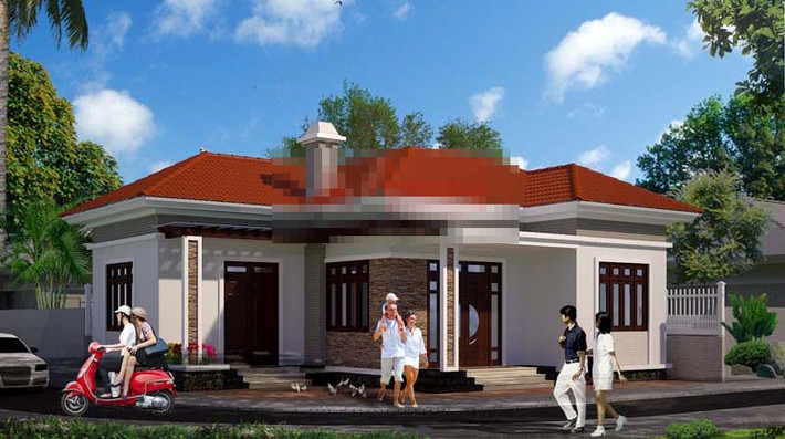 Một chút nhấn nhá trang trí cho kiến trúc ngoại thất làm tăng thêm vẻ đẹp mềm mại của ngôi biệt thự 1 tầng. Ảnh: Angcovat.