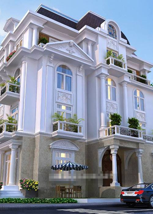 Biệt thự 4 tầng tân cổ điển mang đường nét kiến trúc Pháp cuốn hút ở dáng vẻ khỏe khoắn, hình khối. Gam màu vàng trầm nhẹ nhàng thanh thoát của đá ốp tường tạo sự mạnh mẽ. Ảnh: Khonggianmoi