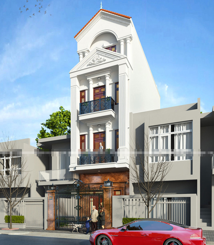 Nhà ống cổ điển 4 tầng sử dụng gam màu trắng chủ đạo kết hợp mái thái ngói đỏ hình chữ A làm bừng sáng ngoại thất sang trọng và quyền quý. Ảnh: Kientrucdonga.