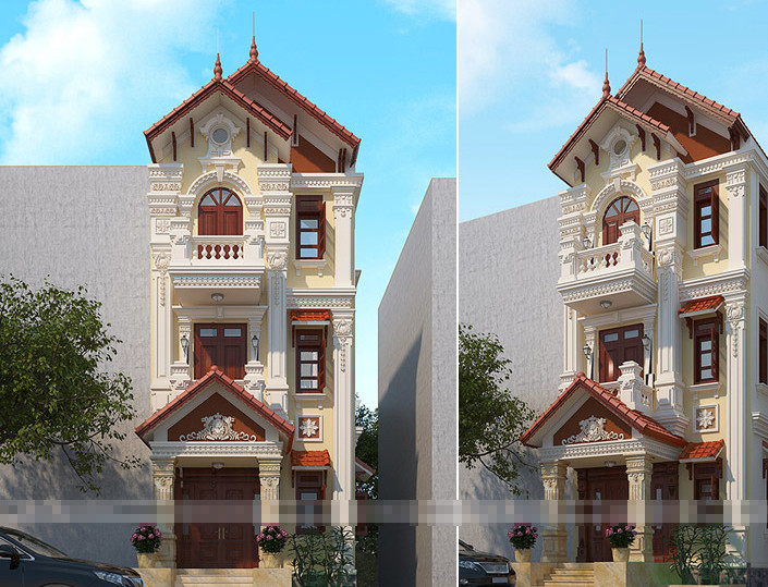 Gam màu nhẹ nhàng tôn lên vẻ sang trọng, thanh lịch cho ngôi nhà ống kiểu Pháp. Ảnh: Housevn.