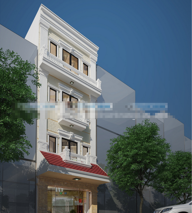 Mẫu thiết kế kiến trúc nhà ống cổ điển rất tinh tế và độc đáo với mái hiên đỏ ở tầng 1. Ảnh: Kientructrangkim.