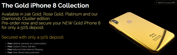 Bên cạnh đó, người dùng có thể chọn lớp vỏ lưng iPhone 8 bằng vàng 18K. Ảnh: Goldgenie.