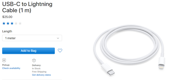 Với mức giá rẻ nhất cho adapter 29W là 49 USD, sợi cáp USB-C to Lightning dài 1m là 25 USD, người dùng sẽ phải bỏ ra tối thiểu 74 USD (gần 1,7 triệu đồng) nếu muốn sạc nhanh cho chiếc iPhone 8 của mình. Ảnh: Techz.