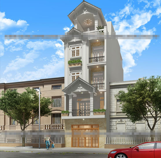 Mẫu nhà 3 tầng 1 tum sang trọng được thế kế hài hòa với gam màu trắng xám nhẹ nhàng thanh thoát, hình khối vuông vức. Mái thái giúp cho ngôi nhà phố toát lên vẻ đẹp hiện đại và mới mẻ. Ảnh: Kienanvinh.