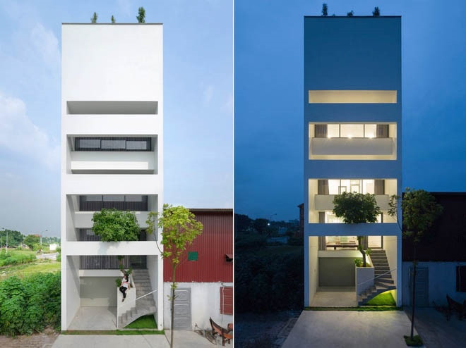 Khoảng giật hướng dần vào trong kết hợp với cây xanh tạo khoảng đệm làm giảm tiếng ồn, khói bụi, nắng hướng tây chiếu trực tiếp vào nhà. Ảnh: Archdaily.